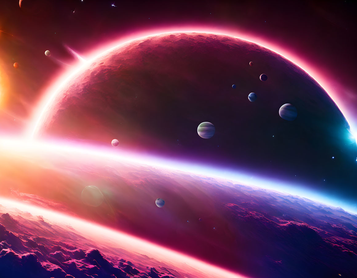 Vibrant space scene with large purple planet and cosmic horizon