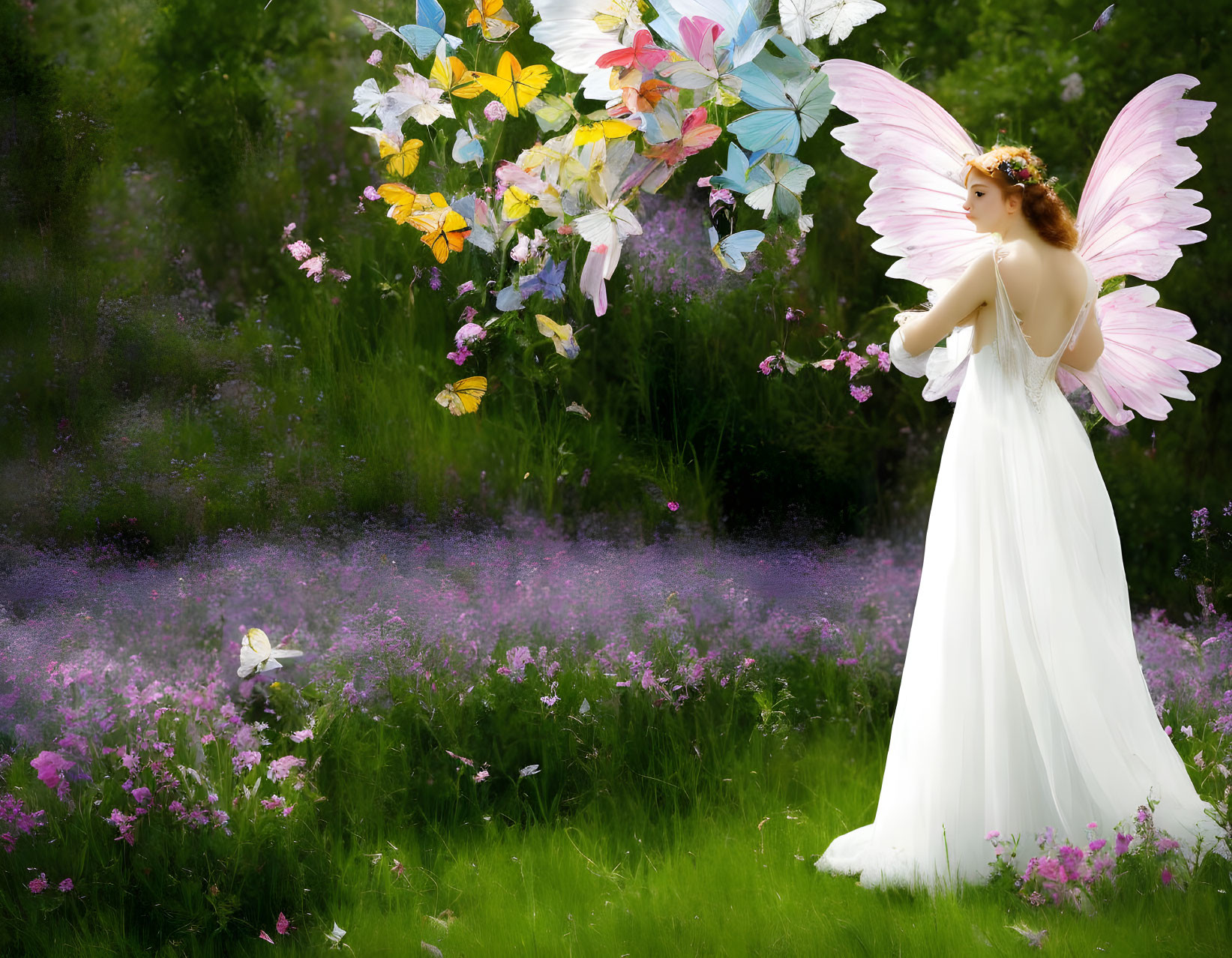 Woman in fairy costume in enchanting flower field with butterflies