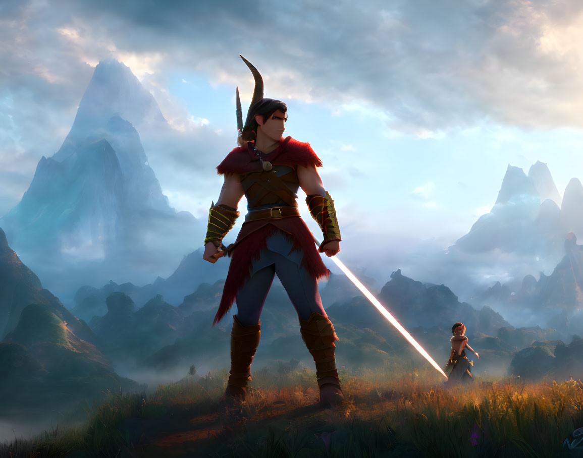 Warrior with red cape and laser sword in misty mountain landscape.