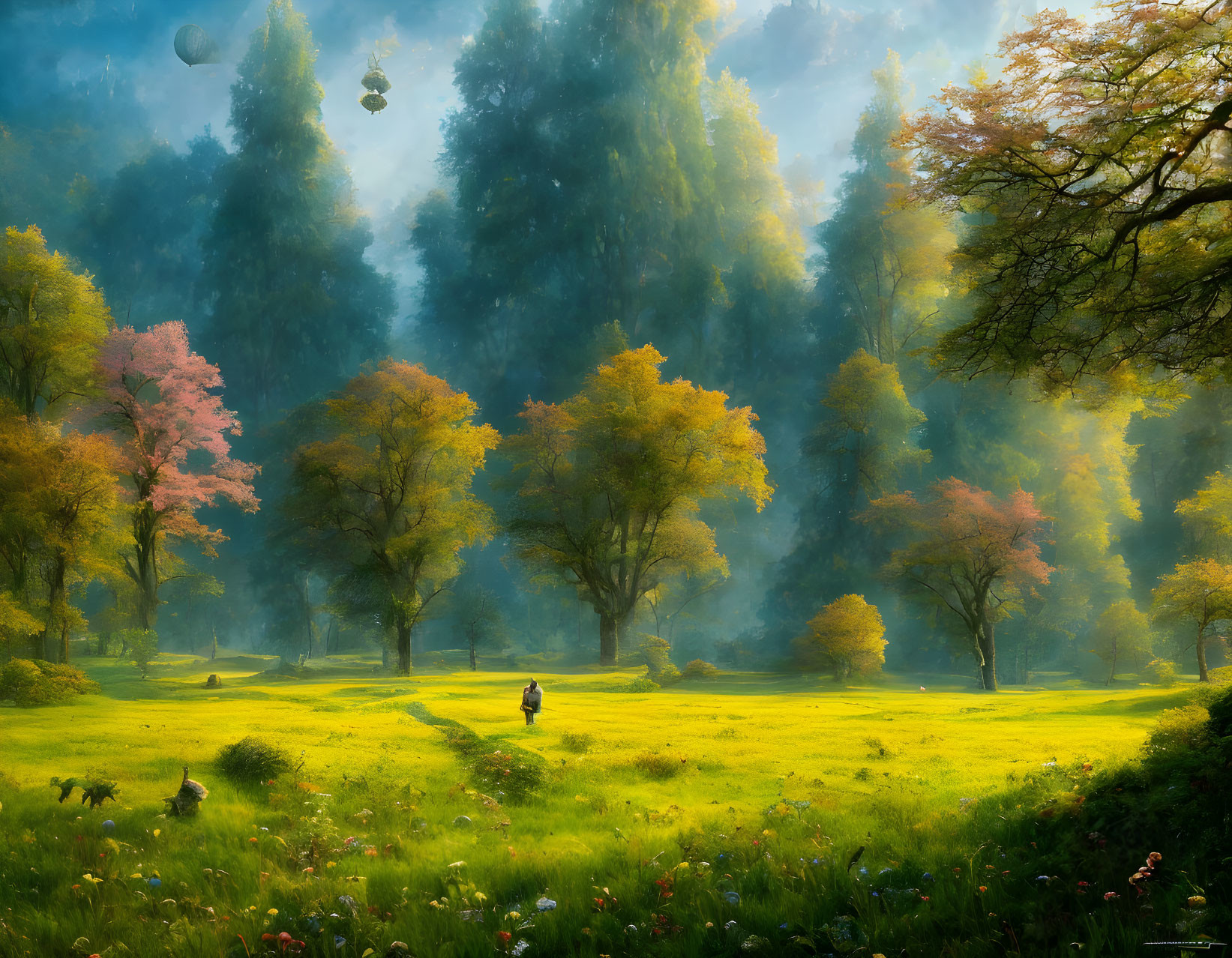 Serene forest landscape with lush trees and walking figure