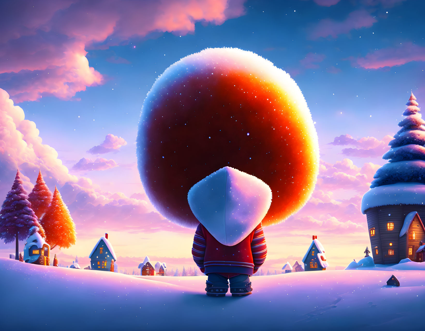 Character in Warm Clothes Observing Giant Glowing Snow Globe in Snowy Village