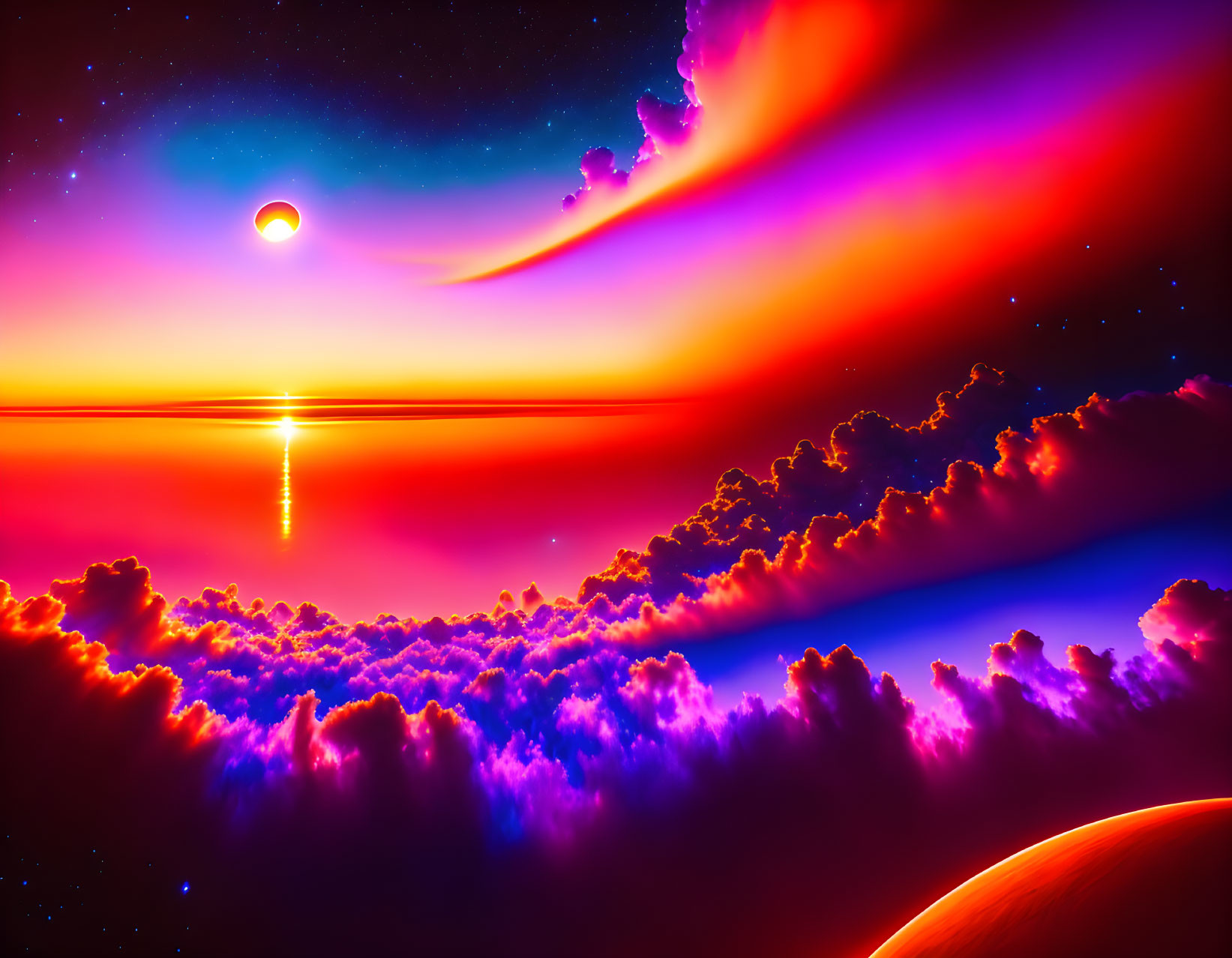 Colorful cosmic scene: nebula, planet silhouette, rings, and celestial reflection