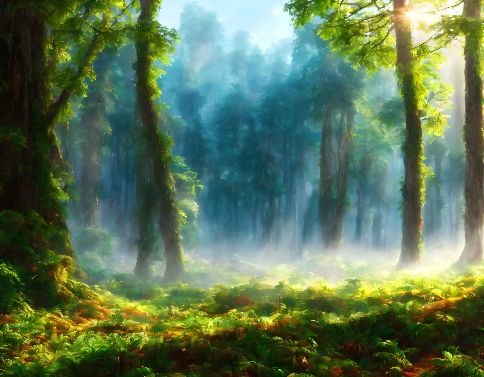 Sunlit Forest with Dense Trees and Ethereal Mist