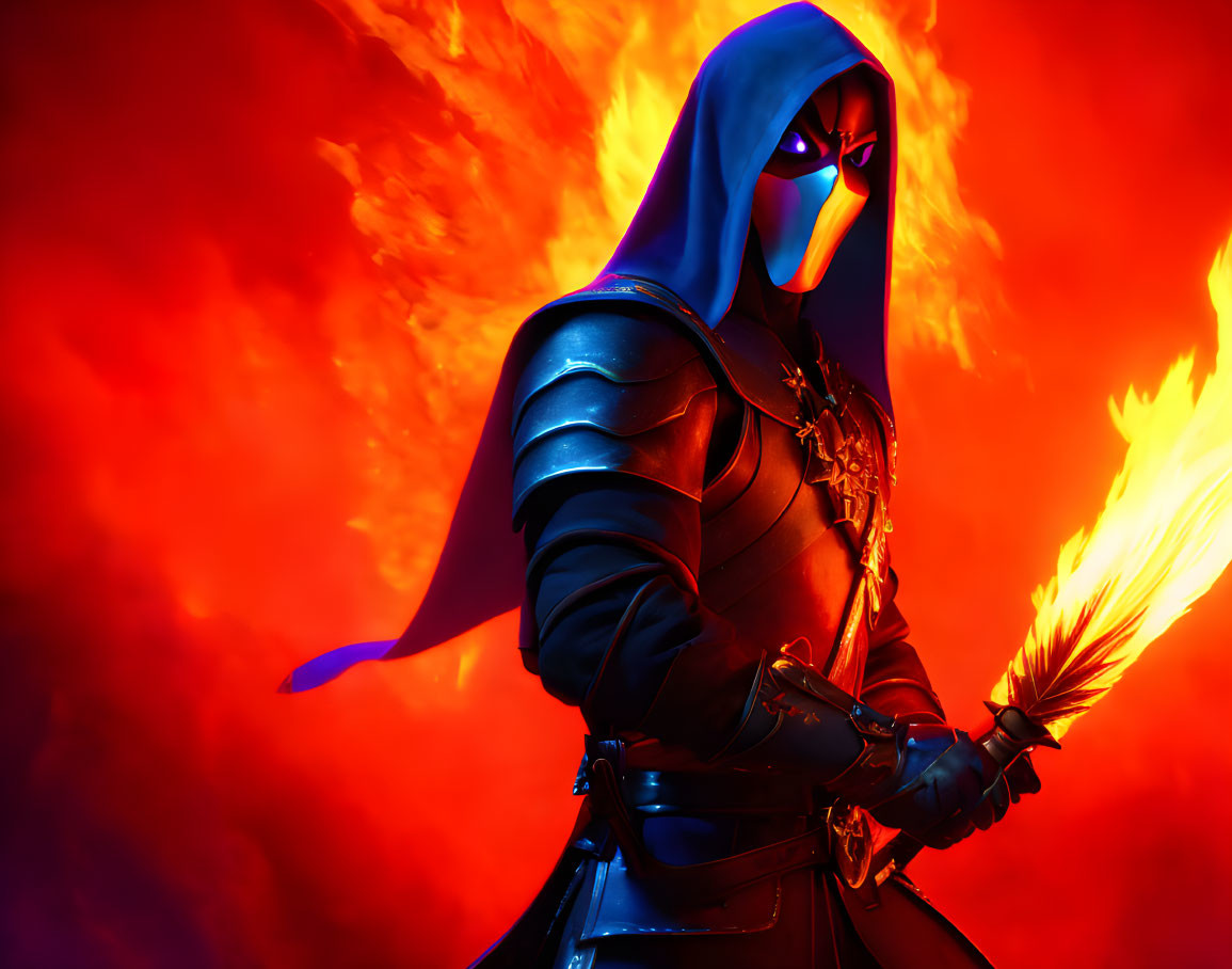 Mysterious Figure in Blue Hood and Armor with Flaming Arrow