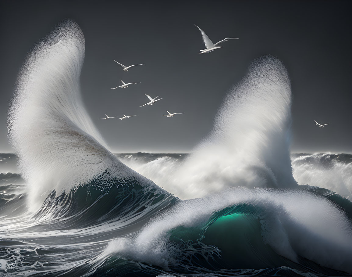 Seabirds soaring over ocean waves under moody sky