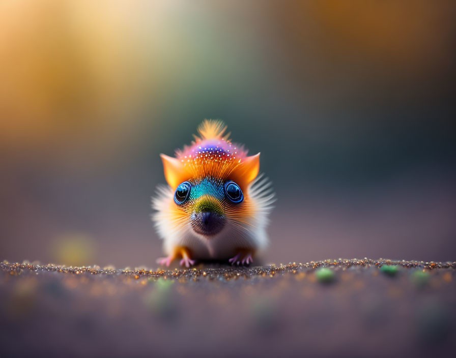 Colorful creature with hedgehog spines and feathered crown on blurred background