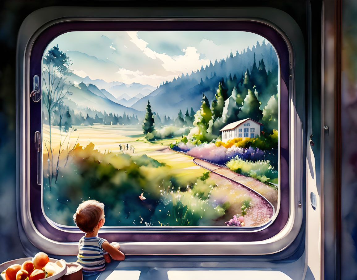 Toddler admires mountain landscape from train window