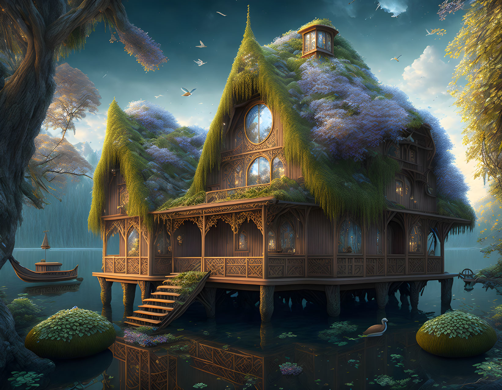 Ornate Fantasy Treehouse in Serene Landscape