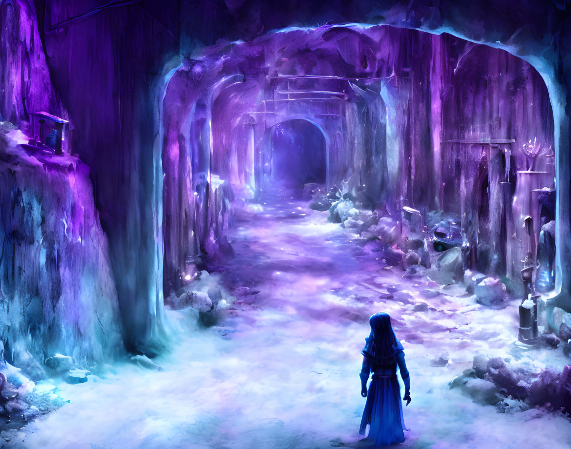 Person observing purple-lit ice cave with crystalline walls