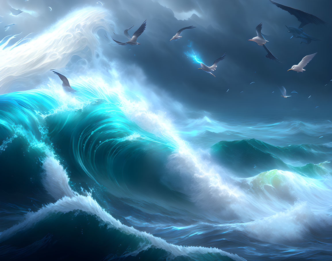 Vibrant digital artwork: stormy ocean wave under dramatic sky