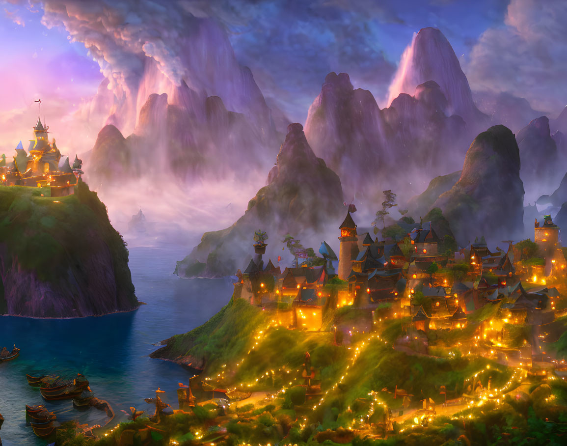 Fantasy dusk landscape with illuminated buildings, cliffs, sea, mountains, and boats