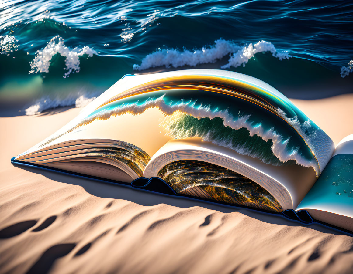 Open book on beach with pages becoming ocean waves, set against sea and surf