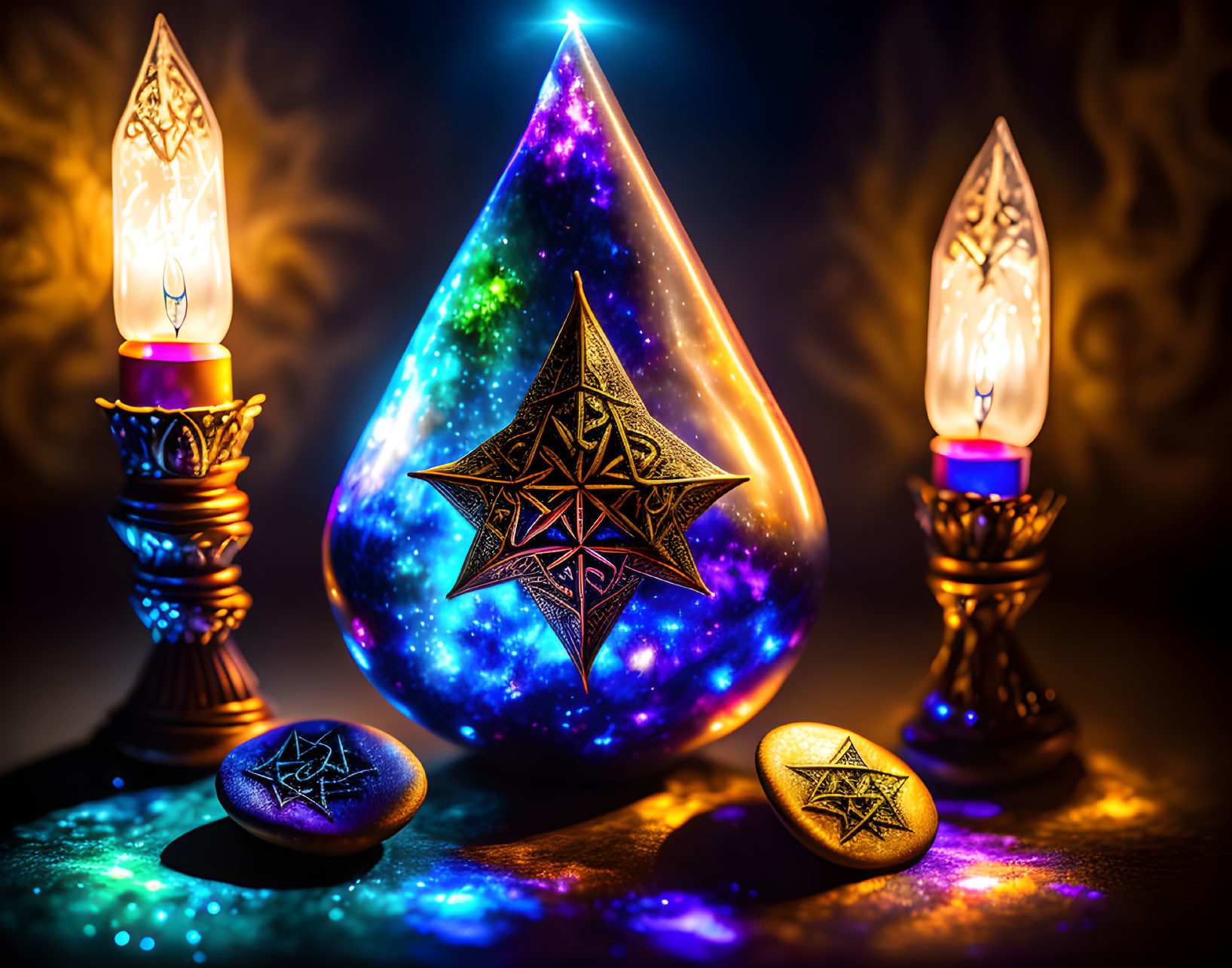 Ornate star-patterned lamps and glowing glass ornament with star engravings on dark stones