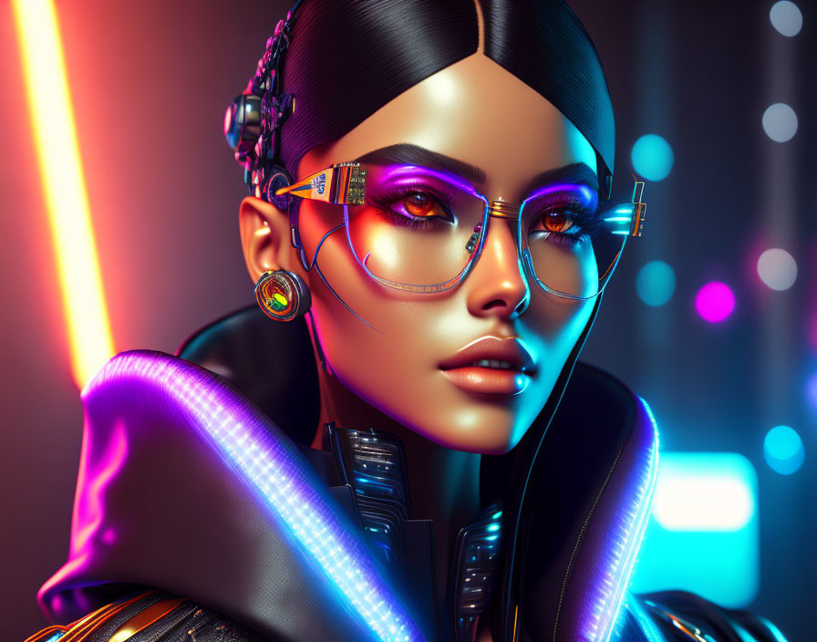 Futuristic female character with vibrant makeup and techy glasses illuminated by neon lights