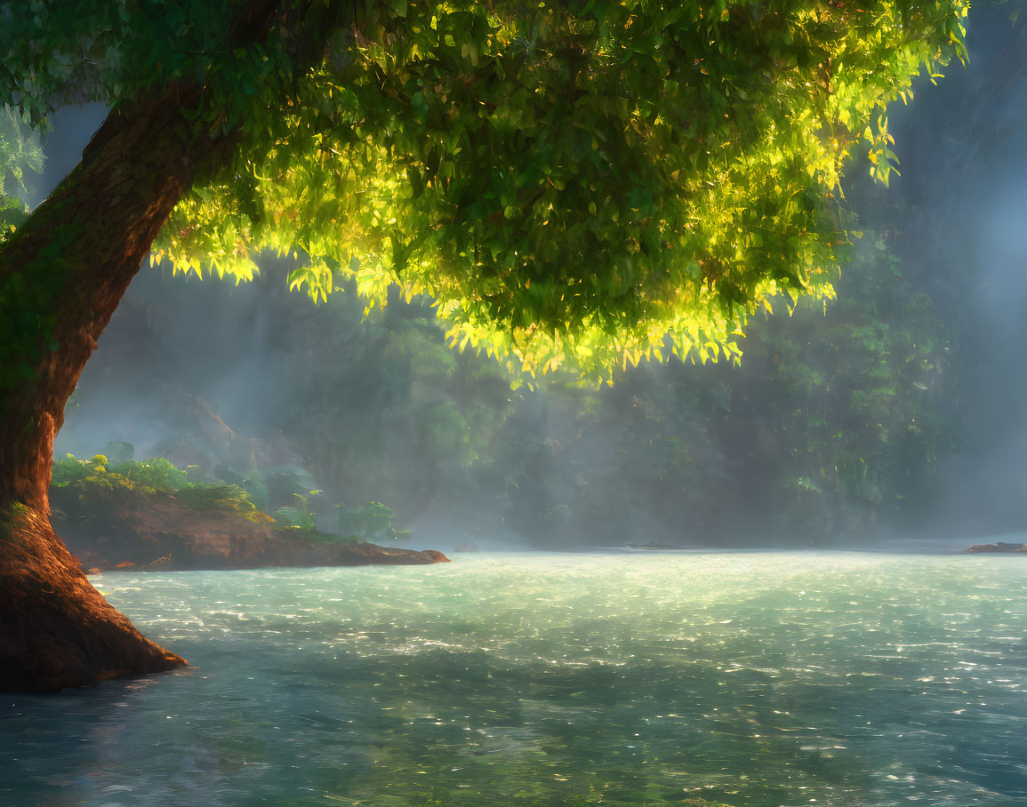 Tranquil river scene with sunlight through green tree leaves