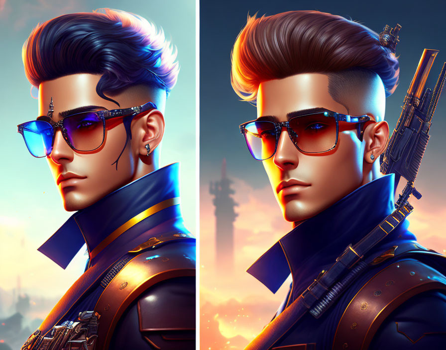 Male character with sleek hairstyle, blue sunglasses, futuristic attire, and weapon detail