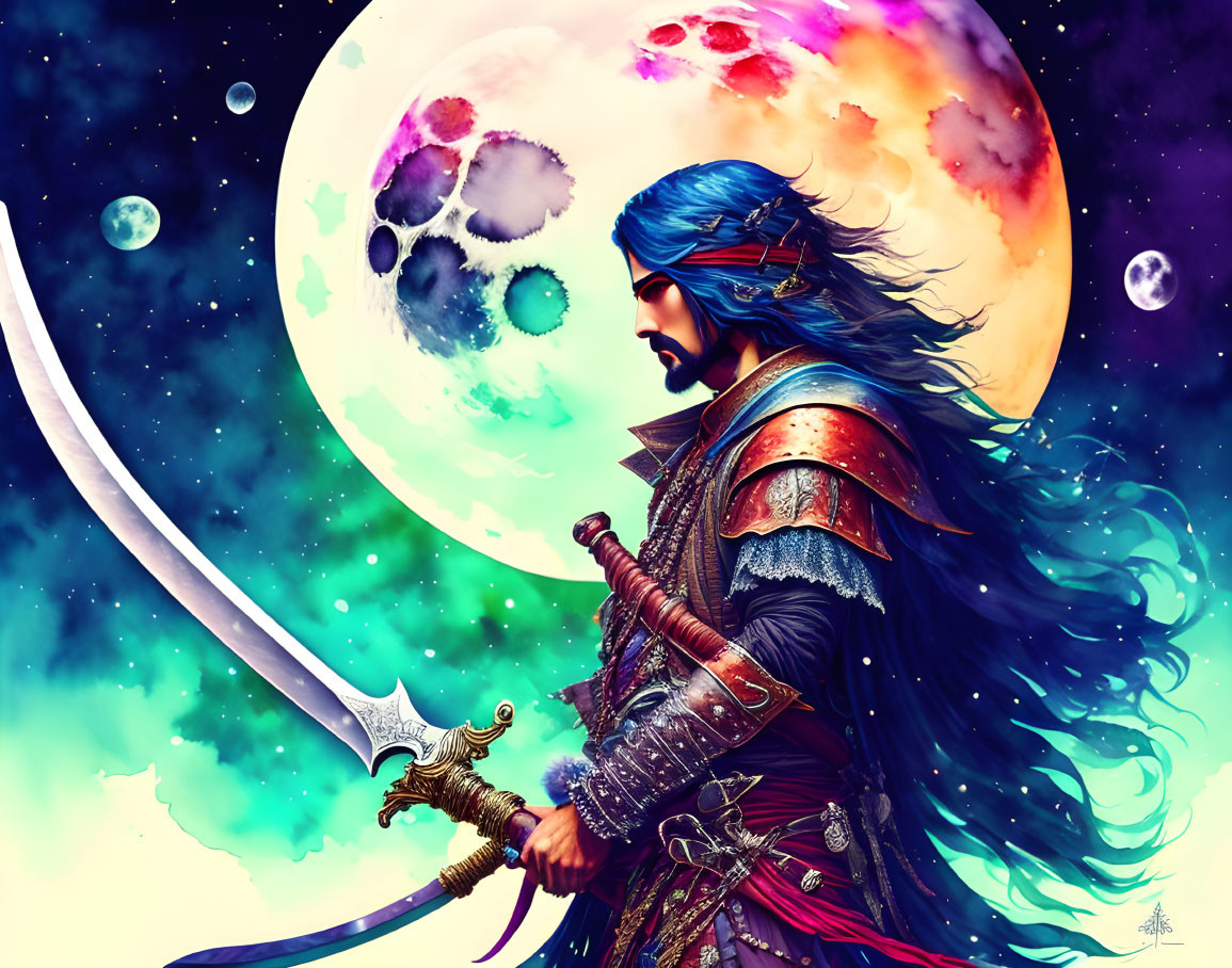 Colorful warrior with long hair and sword in ornate armor on cosmic backdrop.