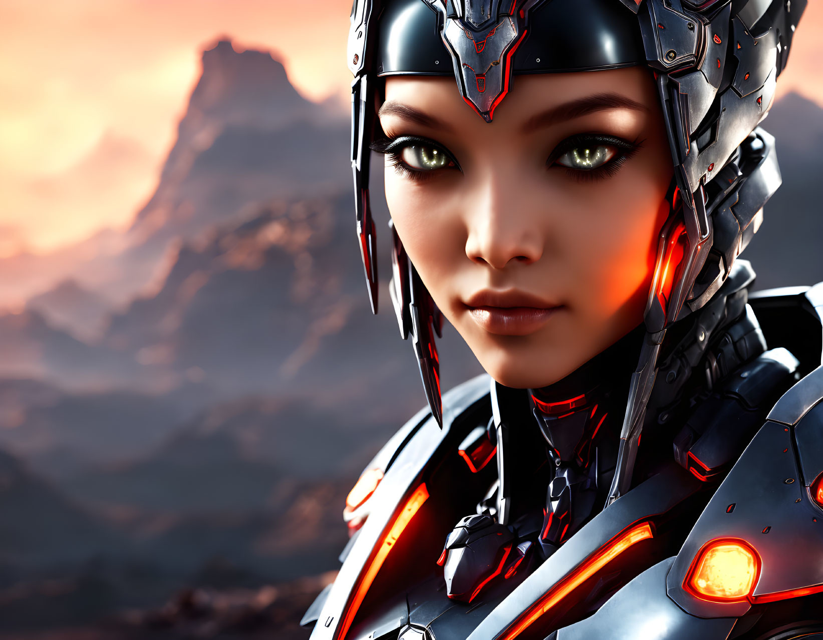 Female Cyborg with Detailed Armored Plating and Glowing Red Eyes Against Sunset Mountains