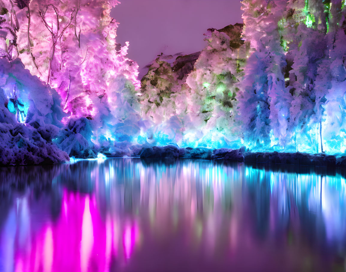 Colorful Winter Landscape with Trees Reflected in Tranquil River