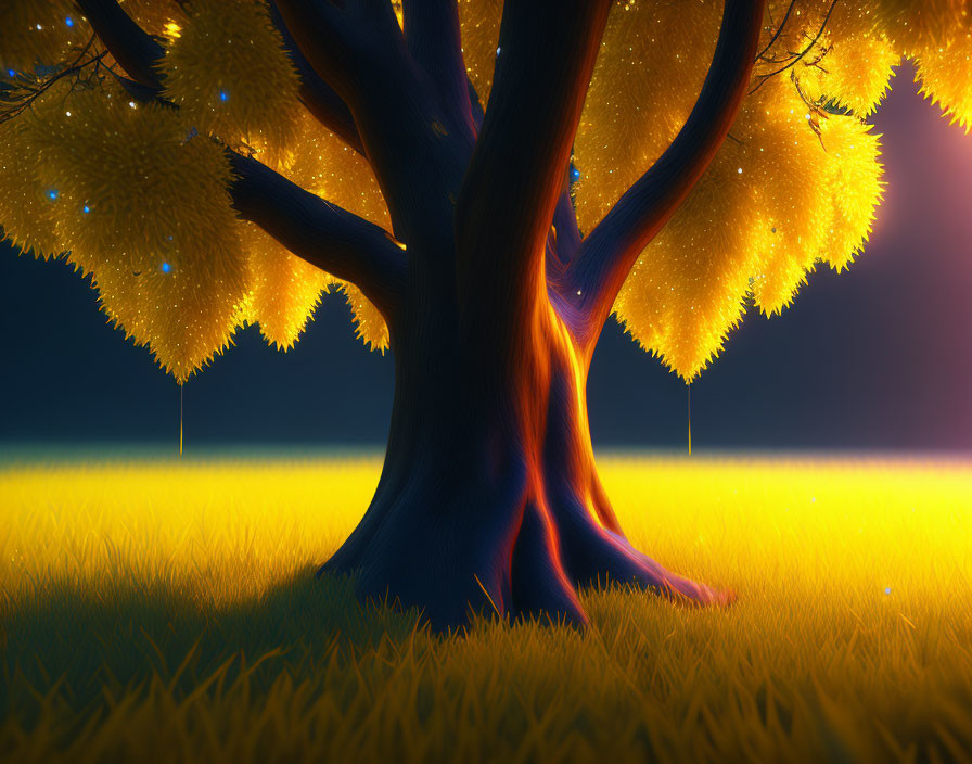 Enchanting twilight scene: mystical tree with golden leaves and fireflies in lush grass