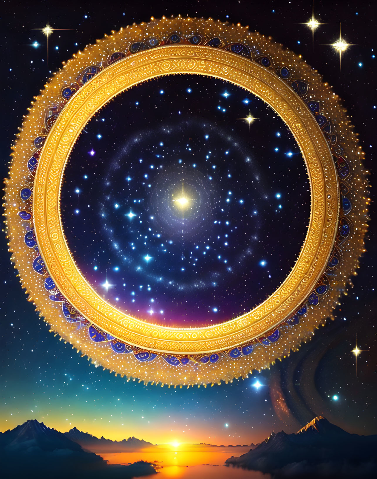 Golden ornate circular frame with vibrant starscape and sunrise over mountain peaks