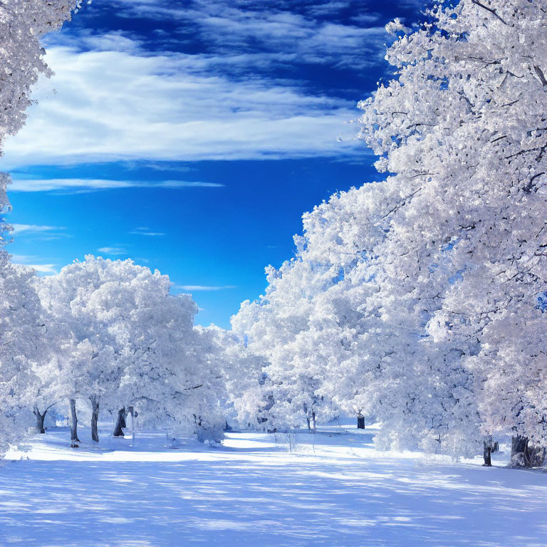 Snow-covered trees in serene winter landscape under vibrant blue sky