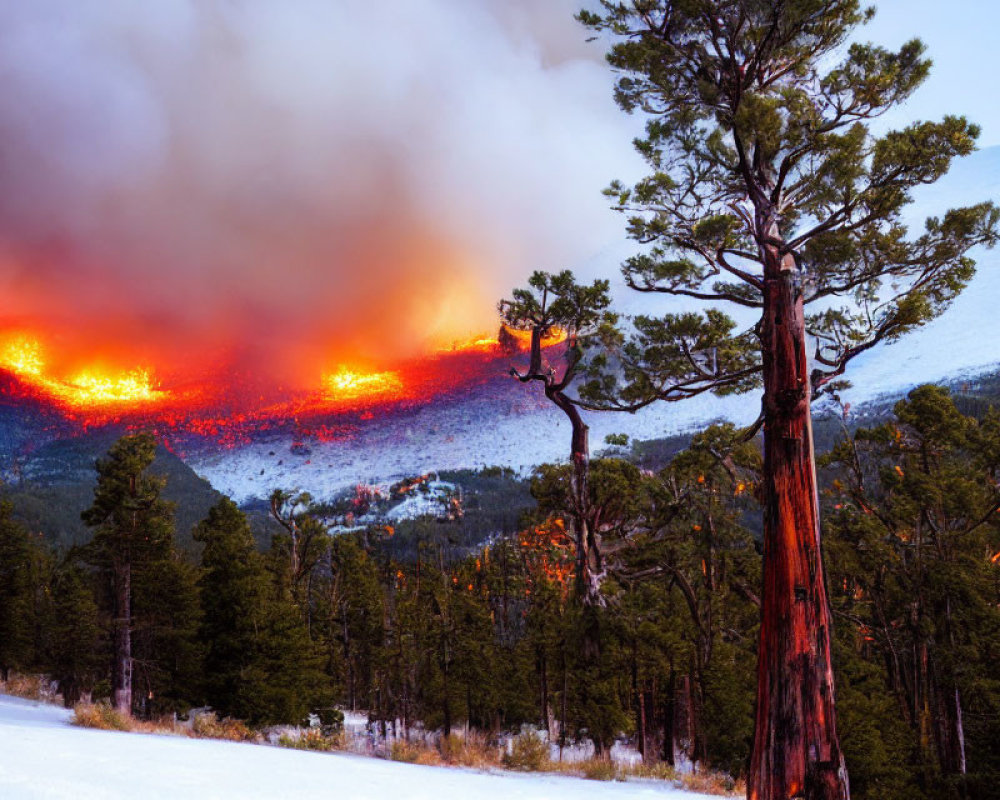 Wildfire engulfs forest near snow-covered mountain