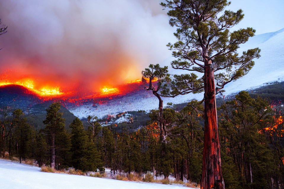 Wildfire engulfs forest near snow-covered mountain