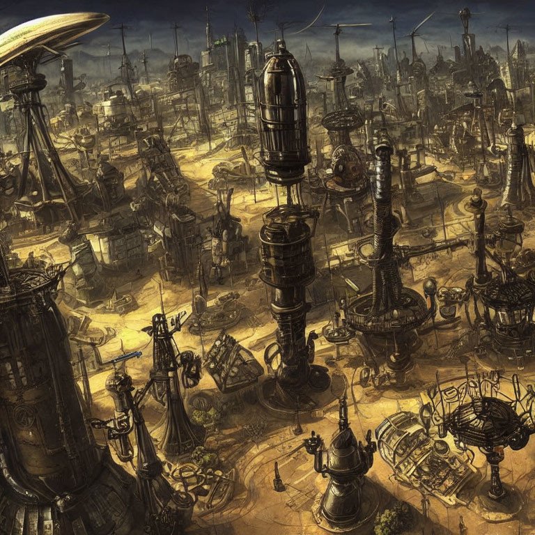 Dystopian steampunk cityscape with industrial towers and caged airships