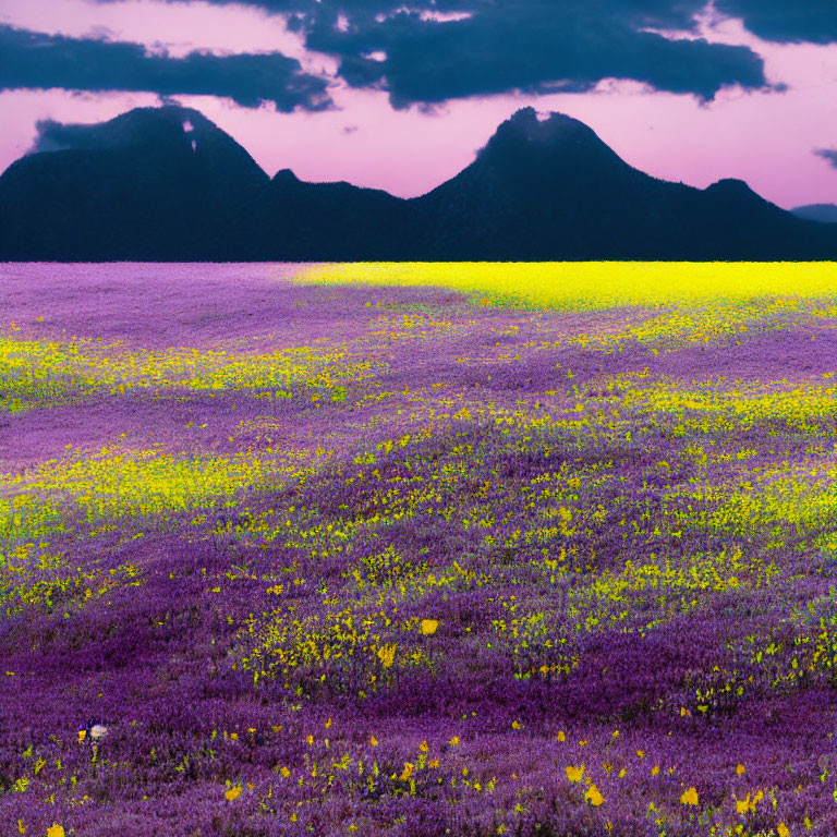 Scenic landscape with purple and yellow flowers and twin peaks under dusky sky