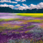 Scenic landscape with purple and yellow flowers and twin peaks under dusky sky