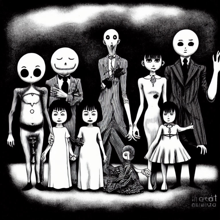 Monochrome illustration of eerie characters with surreal facial features