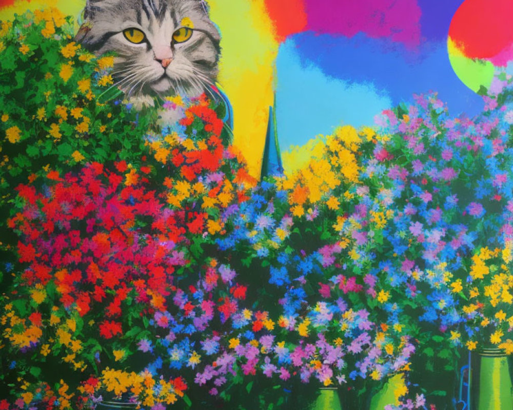 Colorful blooming garden with large cat head under rainbow sky