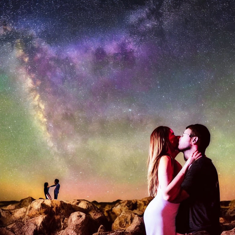 Couples kissing under vivid Milky Way in starry night scene