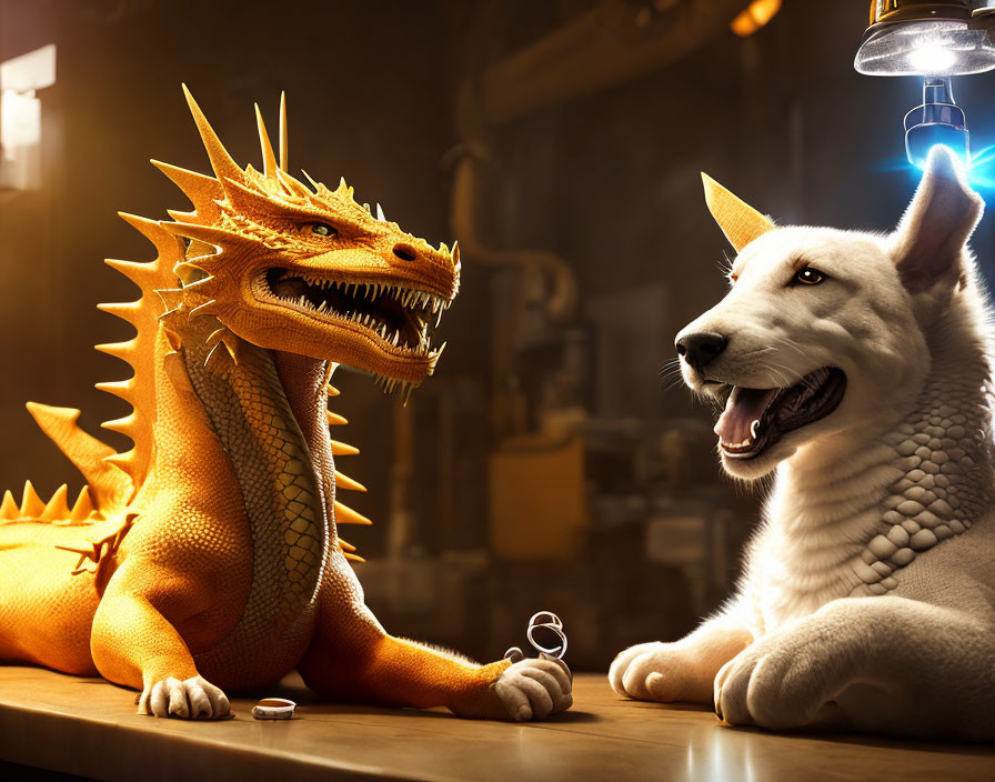 Golden Dragon and White Dog Smiling Together Under Warm Light