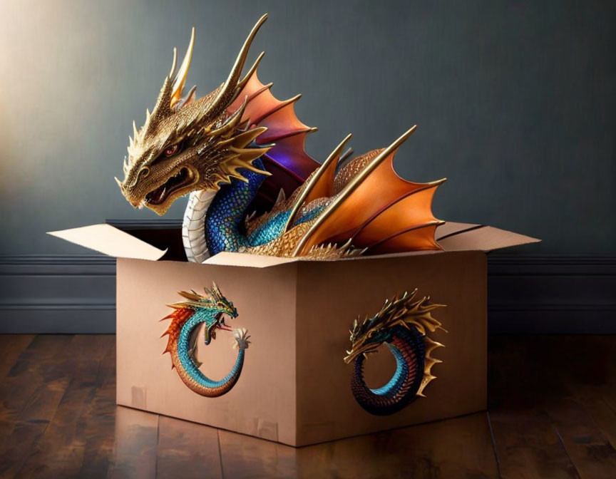 Detailed realistic dragon figurine with scales, horns, and wings emerging from cardboard box