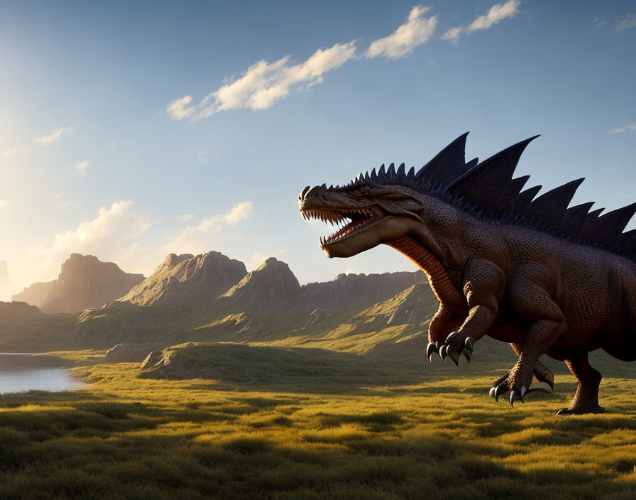 Realistic large scaly dinosaur in grassy field with lake and hills under clear sky