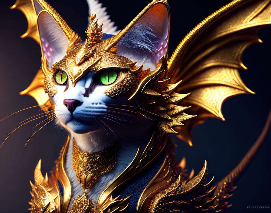 Fantastical cat digital artwork: golden armor, winged ears, intricate designs