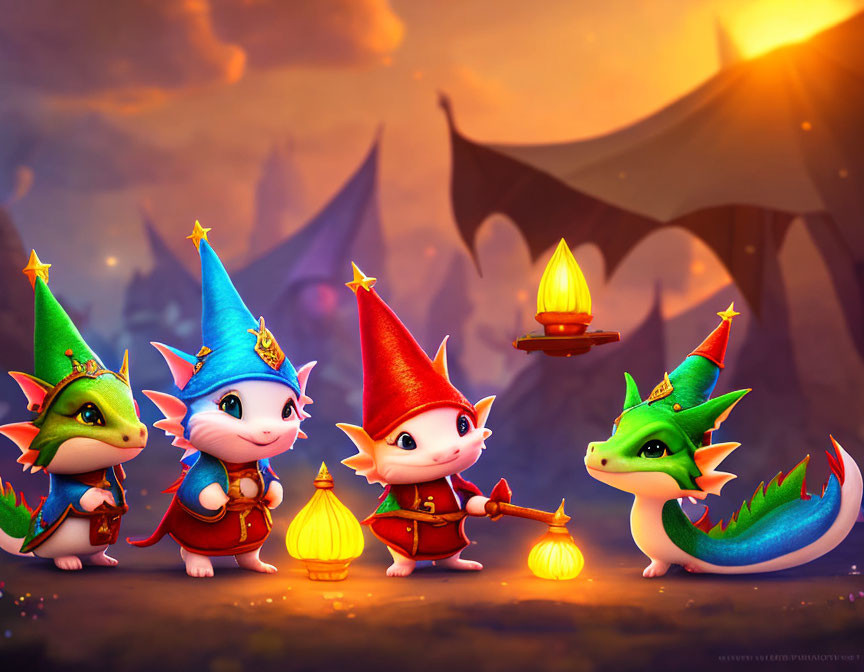 Four Cartoon Dragons in Wizard Hats with Glowing Lantern in Twilight Setting