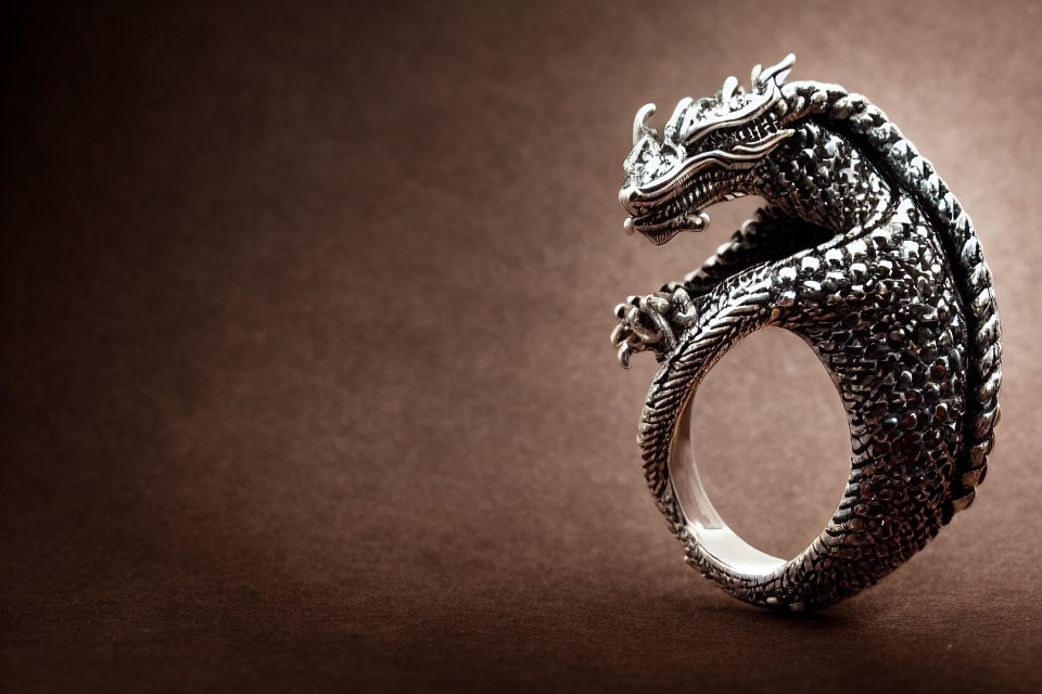 Dragon-shaped Metallic Ring on Dark Brown Background