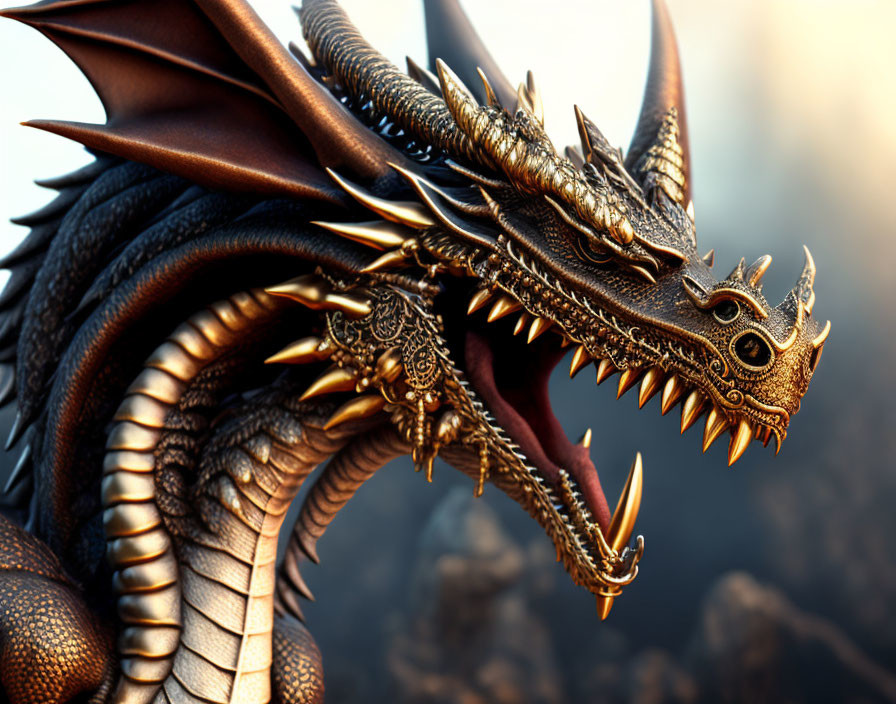 Detailed 3D Rendering of Majestic Dragon with Intricate Scales and Horns