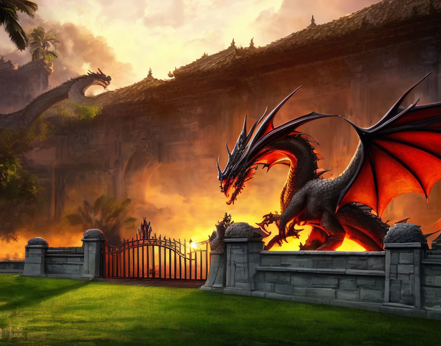 Red-winged dragon beside ornate gate in mystical sunset scene