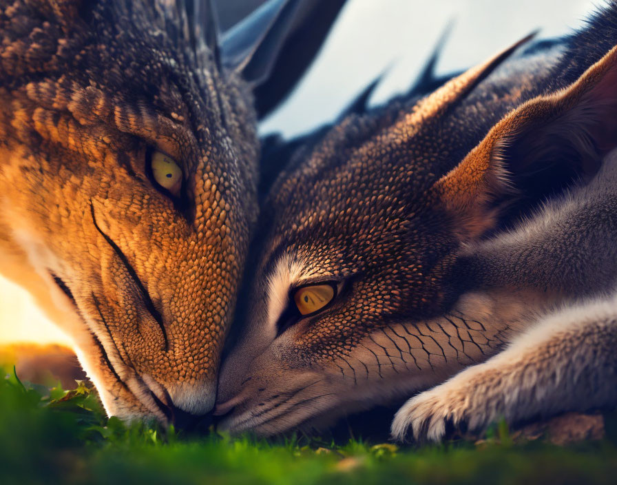 Cat and owl in close embrace at sunset