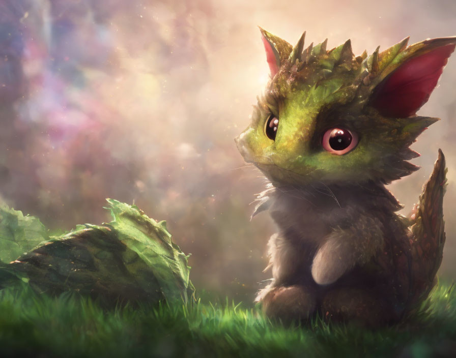 Green fur, pink eyes: Whimsical cat-like creature in soft-lit setting