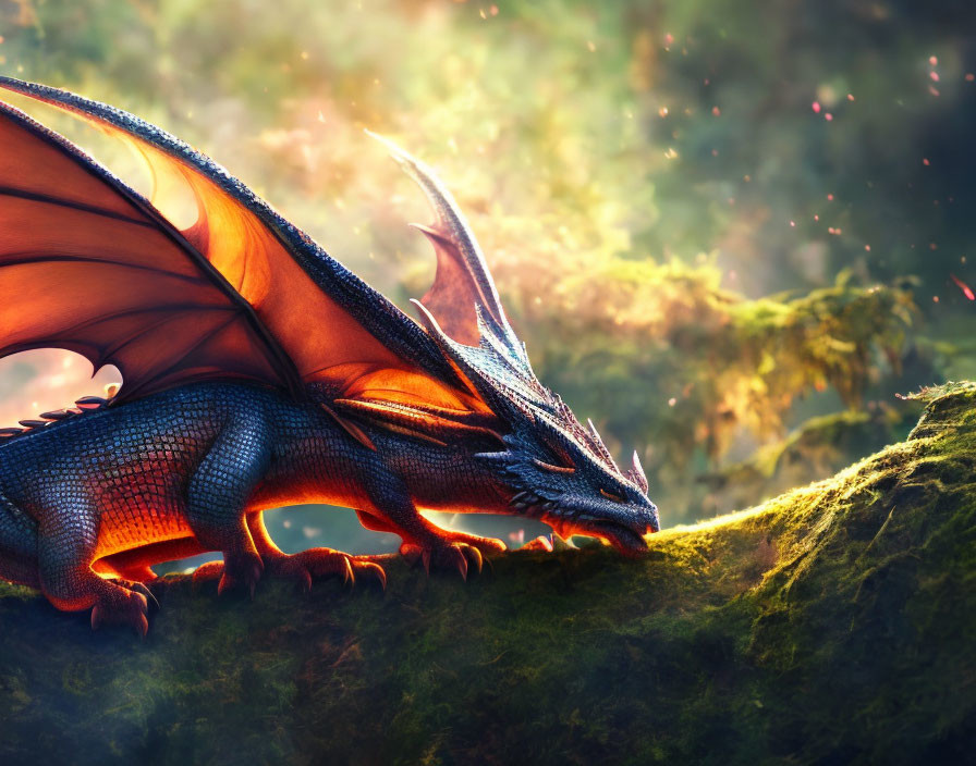 Blue dragon with orange wings in sunlit forest