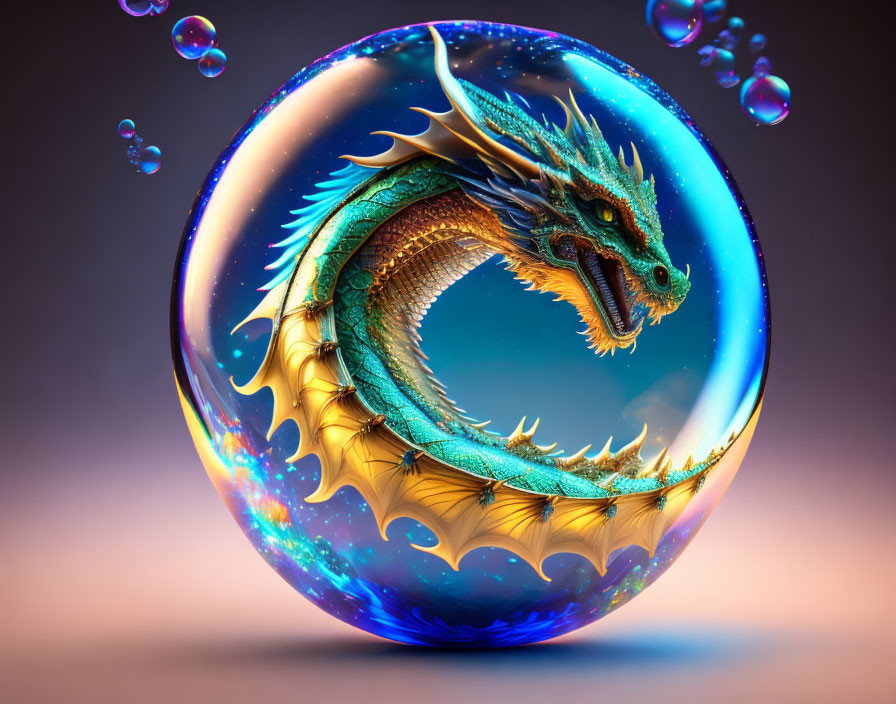 Colorful 3D mythical dragon in bubble with smaller bubbles on purple background