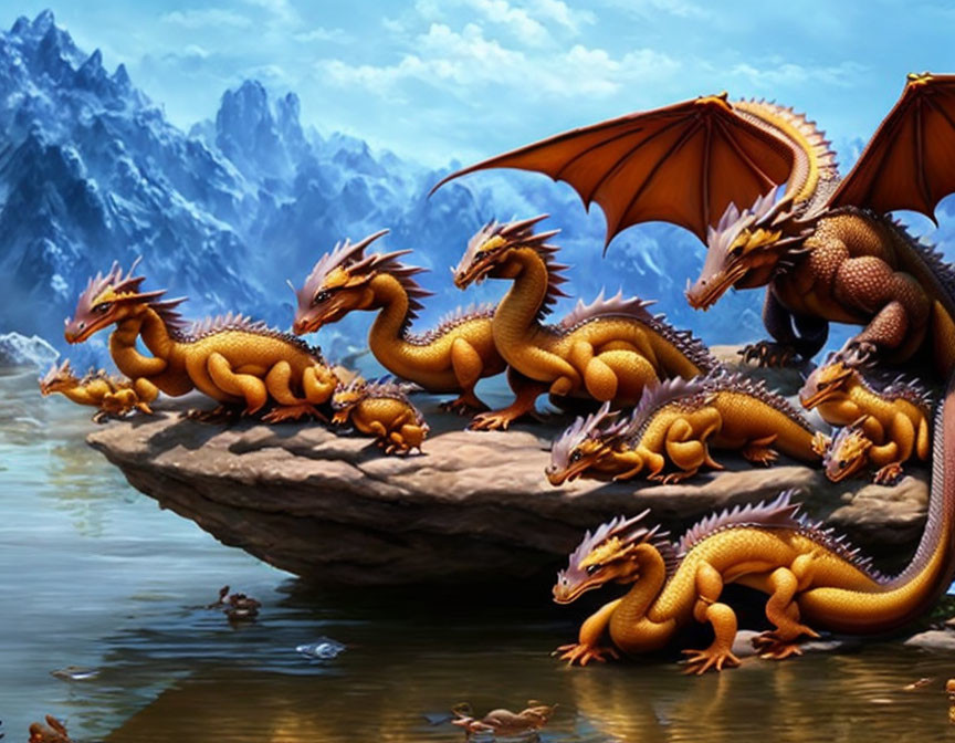 Orange and Brown Dragons on Rocky Outcrop by Blue Lake and Mountains