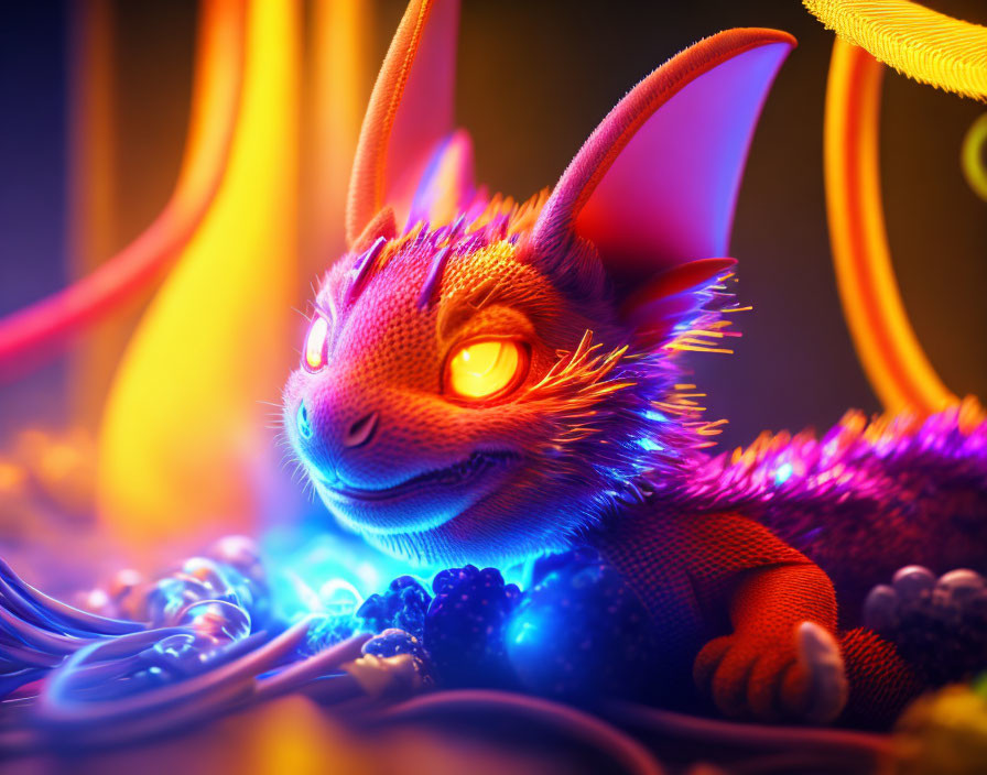 Colorful dragon-like creature in glowing fantasy scene