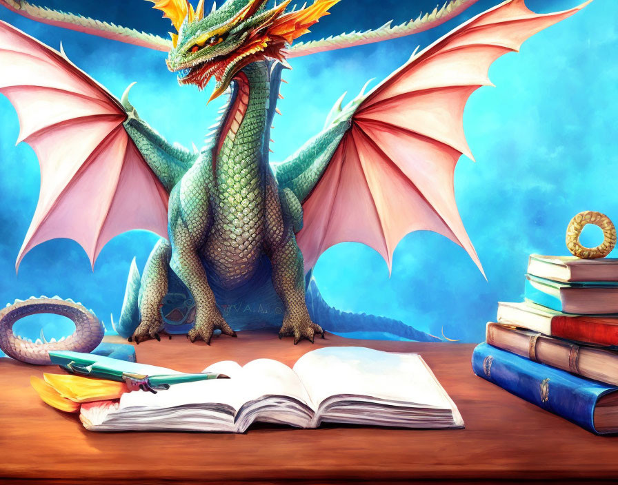 Majestic green and blue dragon with open book and quill on table