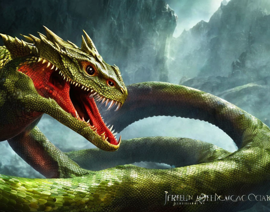 Green Dragon Coiled with Red Eyes in Misty Mountain Landscape